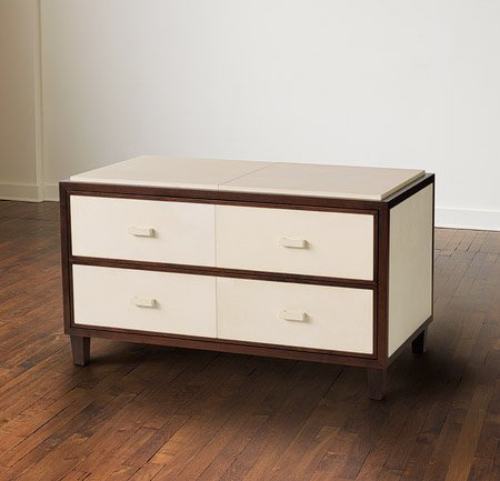 2-Drawer Oak and Vellum Low Console — Mattaliano Beds, Nightstands & Dressers